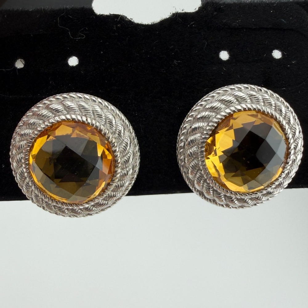 Judith Ripka 925 Sterling Silver Citrine Rope Stud Omega Earrings Yellow